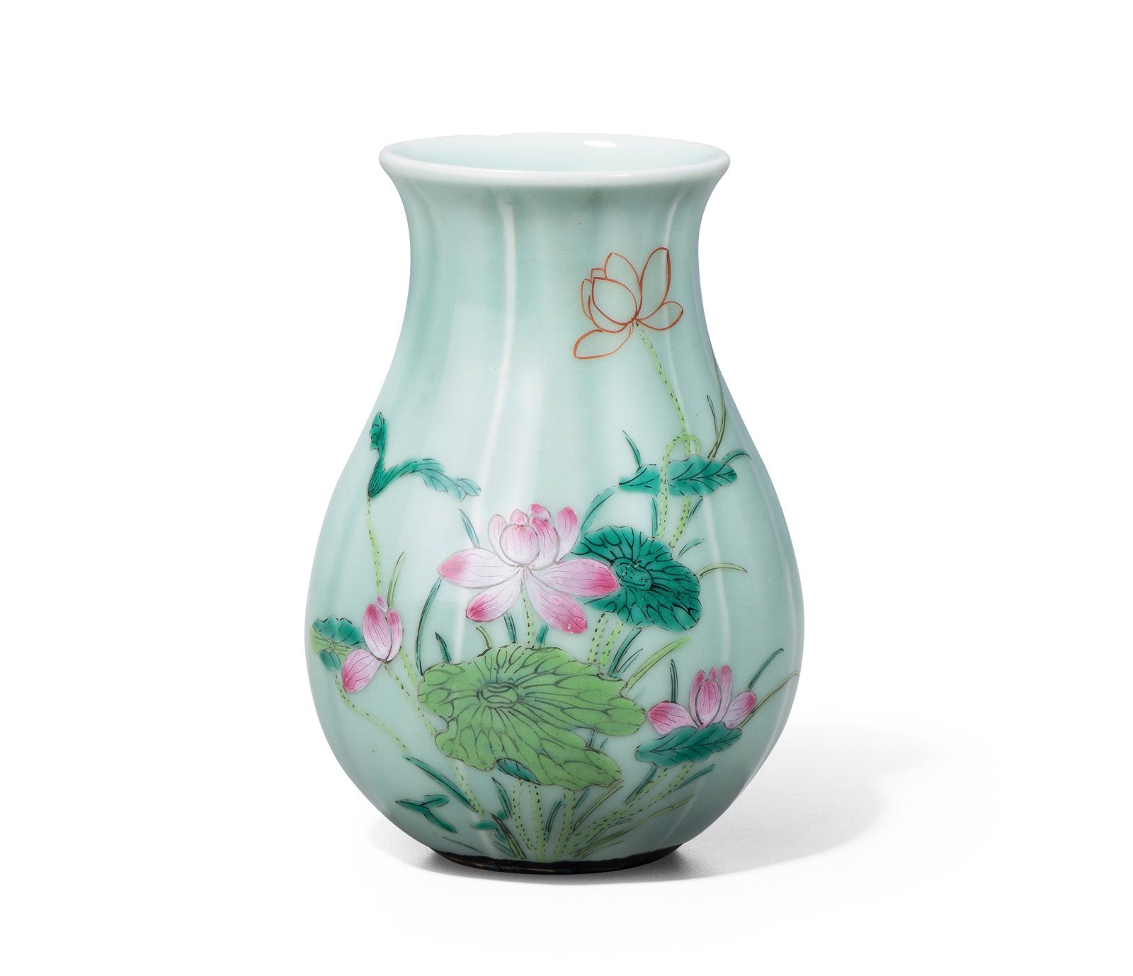 豆青釉粉彩荷莲图瓜棱形小花尊