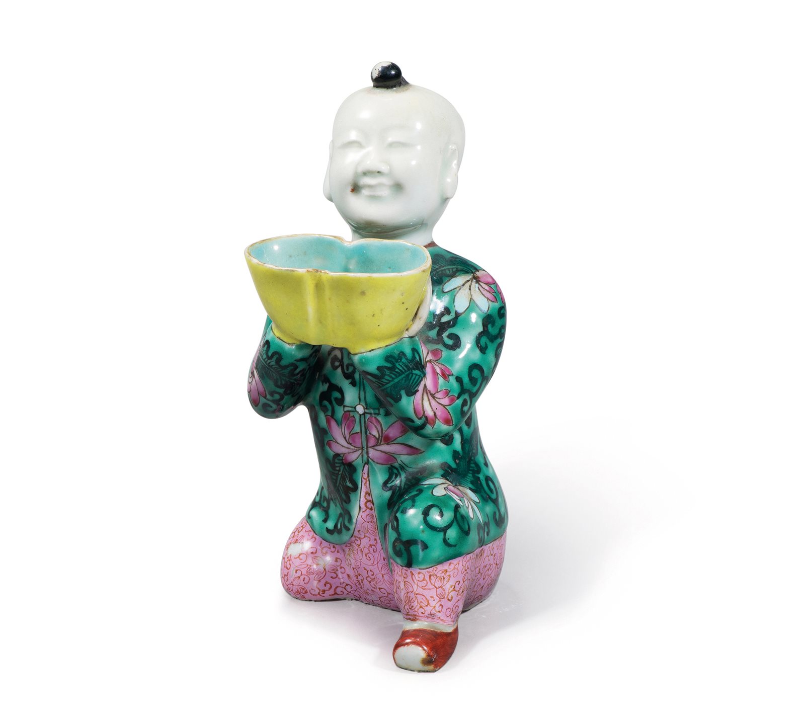 粉彩瓷塑元宝童子像