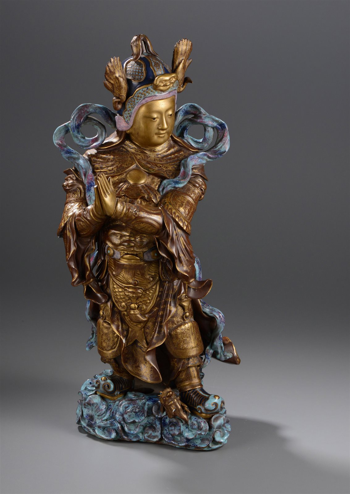 仿钧紫金釉描金雕瓷韦陀立像