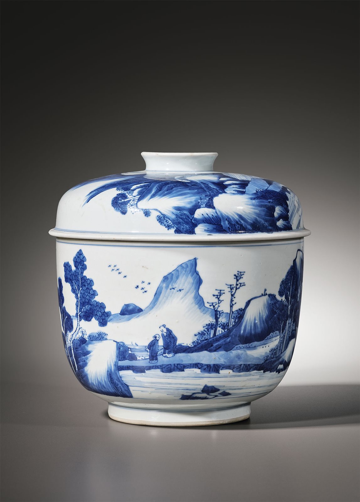 青花山水人物图盖钟