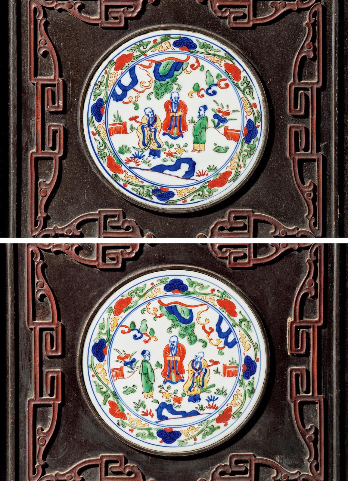 青花五彩缠枝花卉开光福禄寿三星人物图圆光瓷屏两块