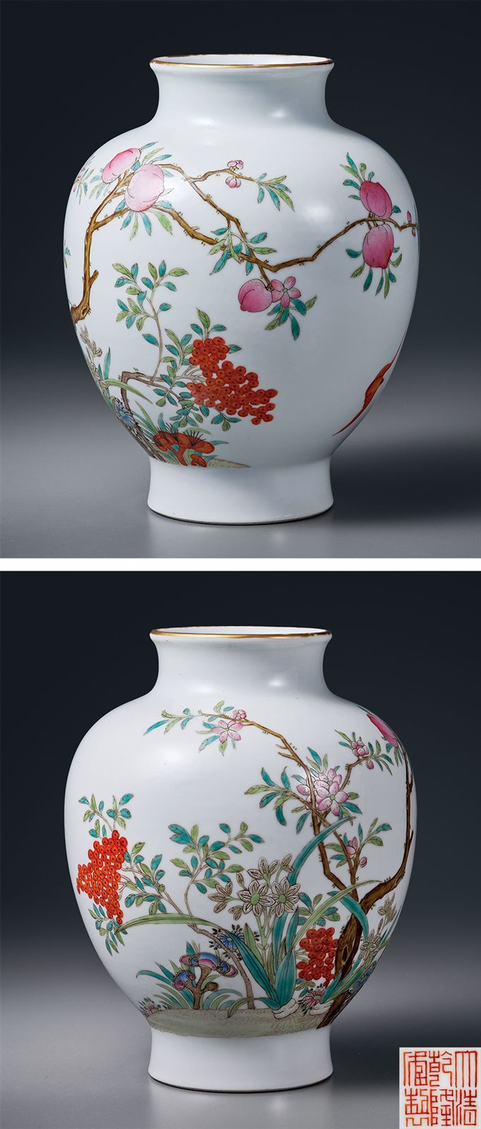 粉彩四季花果纹撇口尊