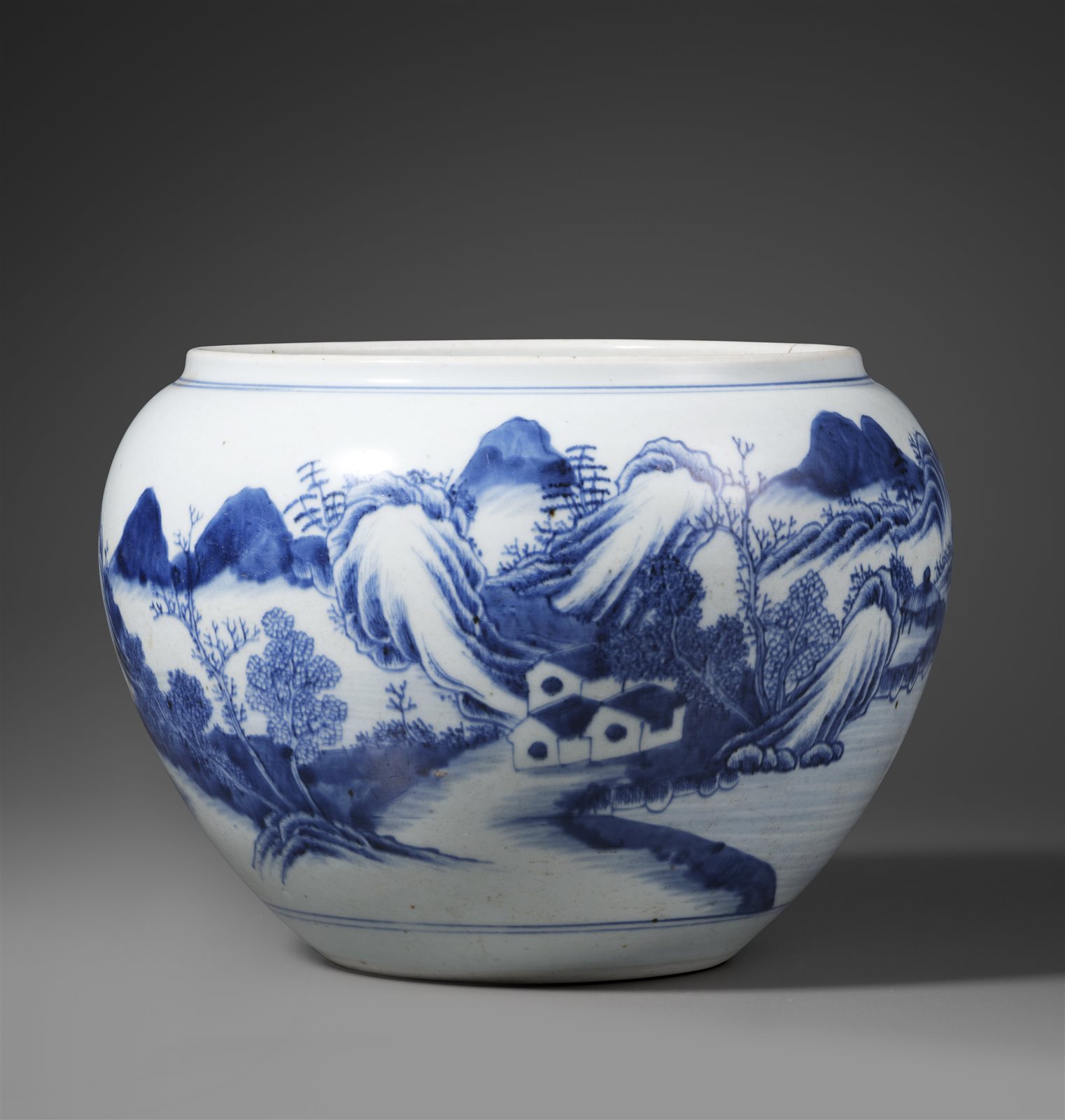 青花山水人物图卷缸