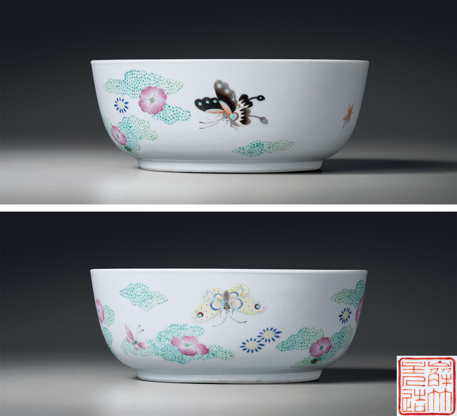 粉彩花蝶纹墩式碗