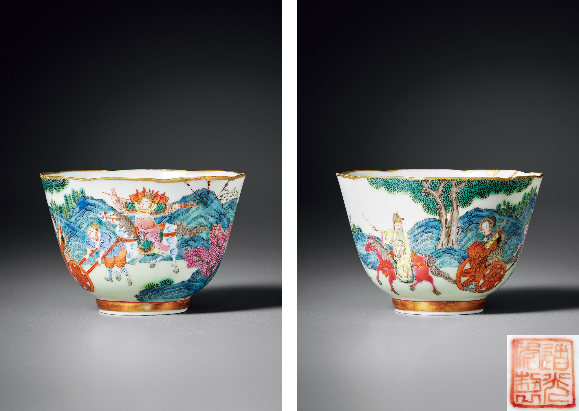 粉彩“吕布迎亲”图花口杯