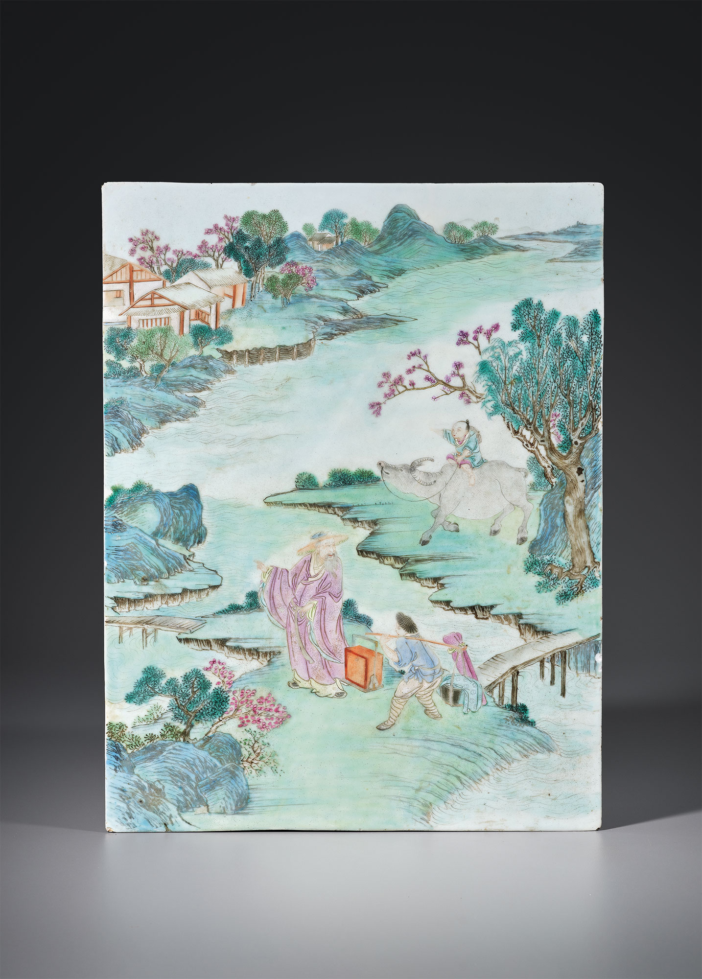 粉彩“牧童遥指杏花村”图瓷板