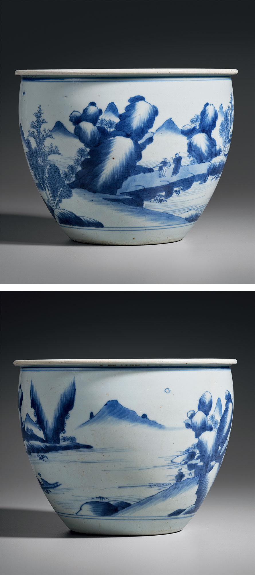 青花山水人物卷缸