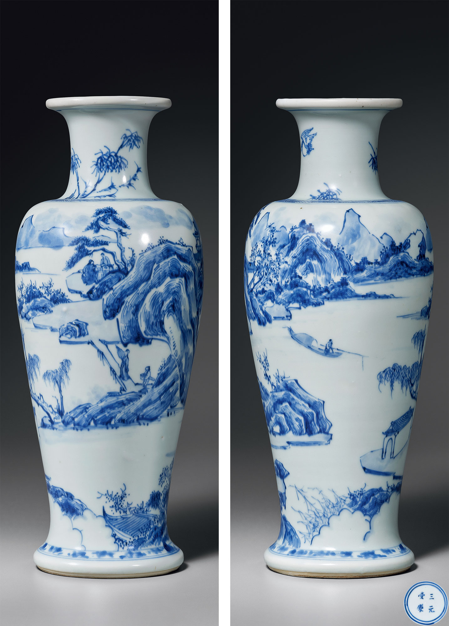 青花山水人物图观音尊