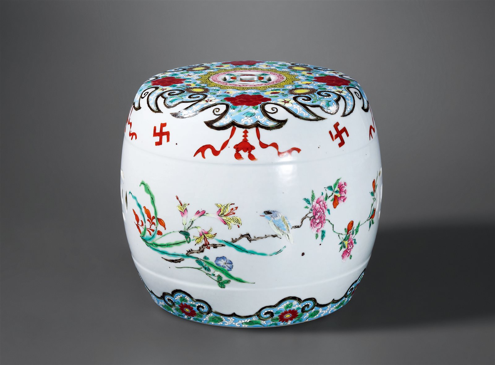 粉彩花鸟纹鼓墩形迎手