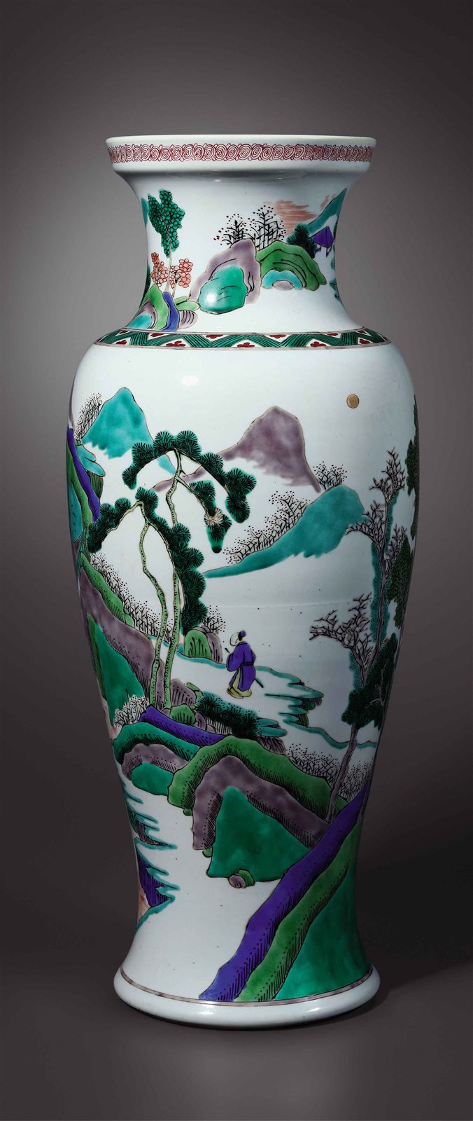 清康熙 五彩山水人物图盘口观音尊