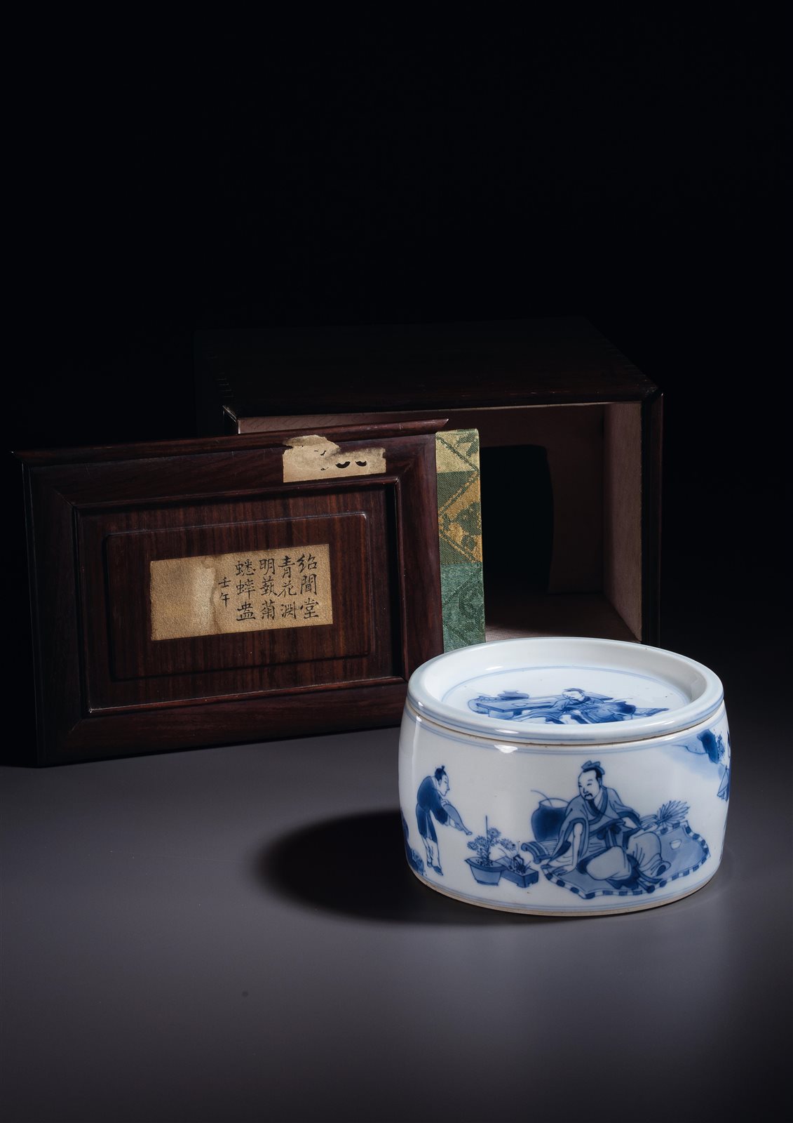 清康熙 青花渊明爱菊图蟋蟀罐