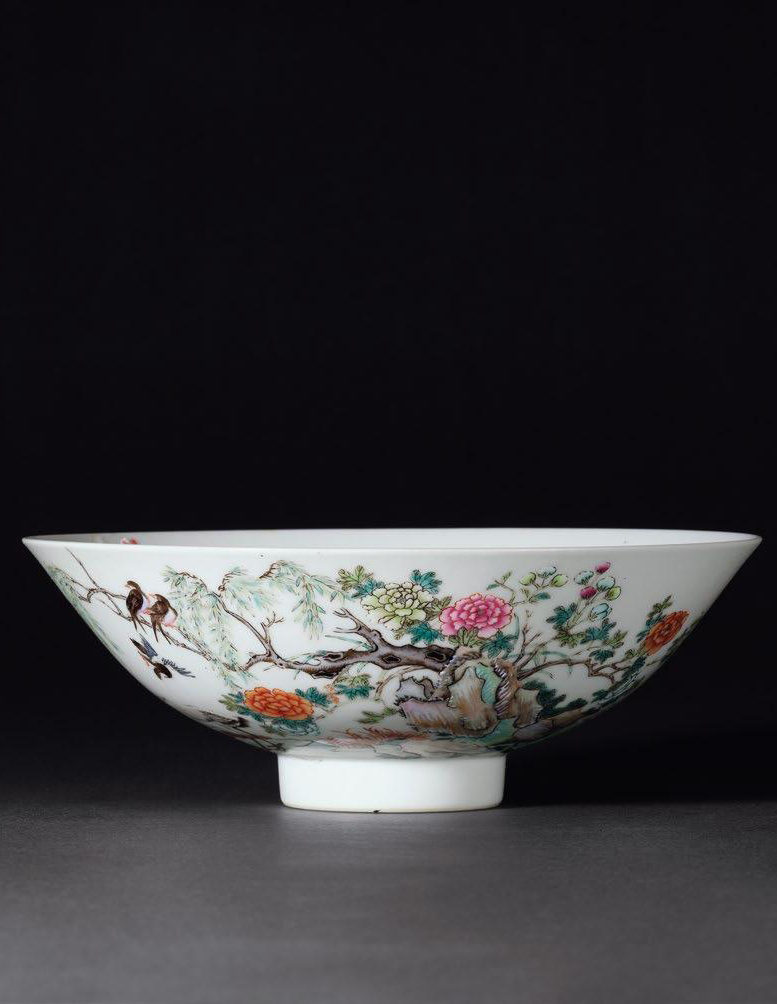 清 粉彩花鸟纹斗笠碗