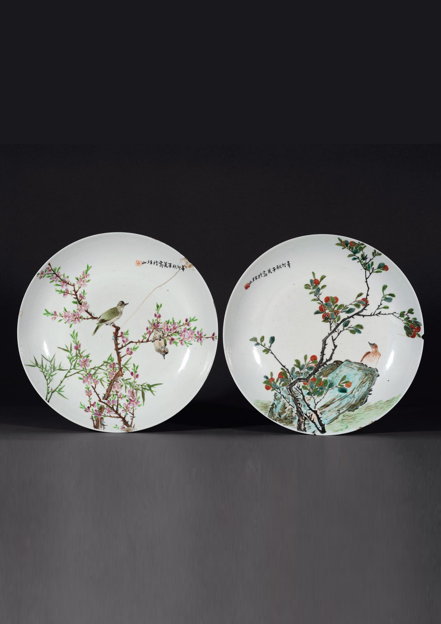 清光绪辛卯（1891年） 子英绘浅绛彩花鸟图盘一对