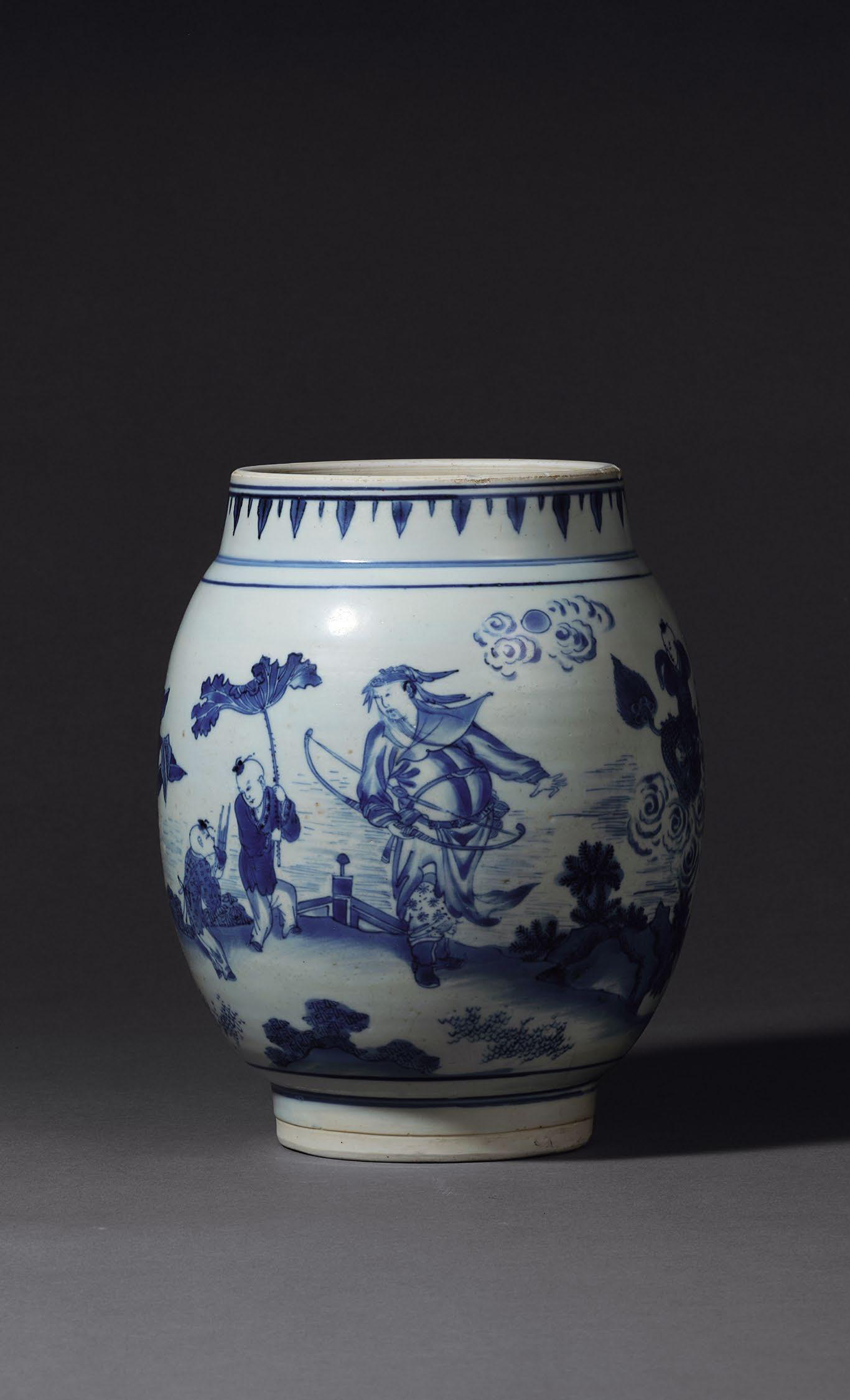 明崇祯 青花张仙送子图莲子罐