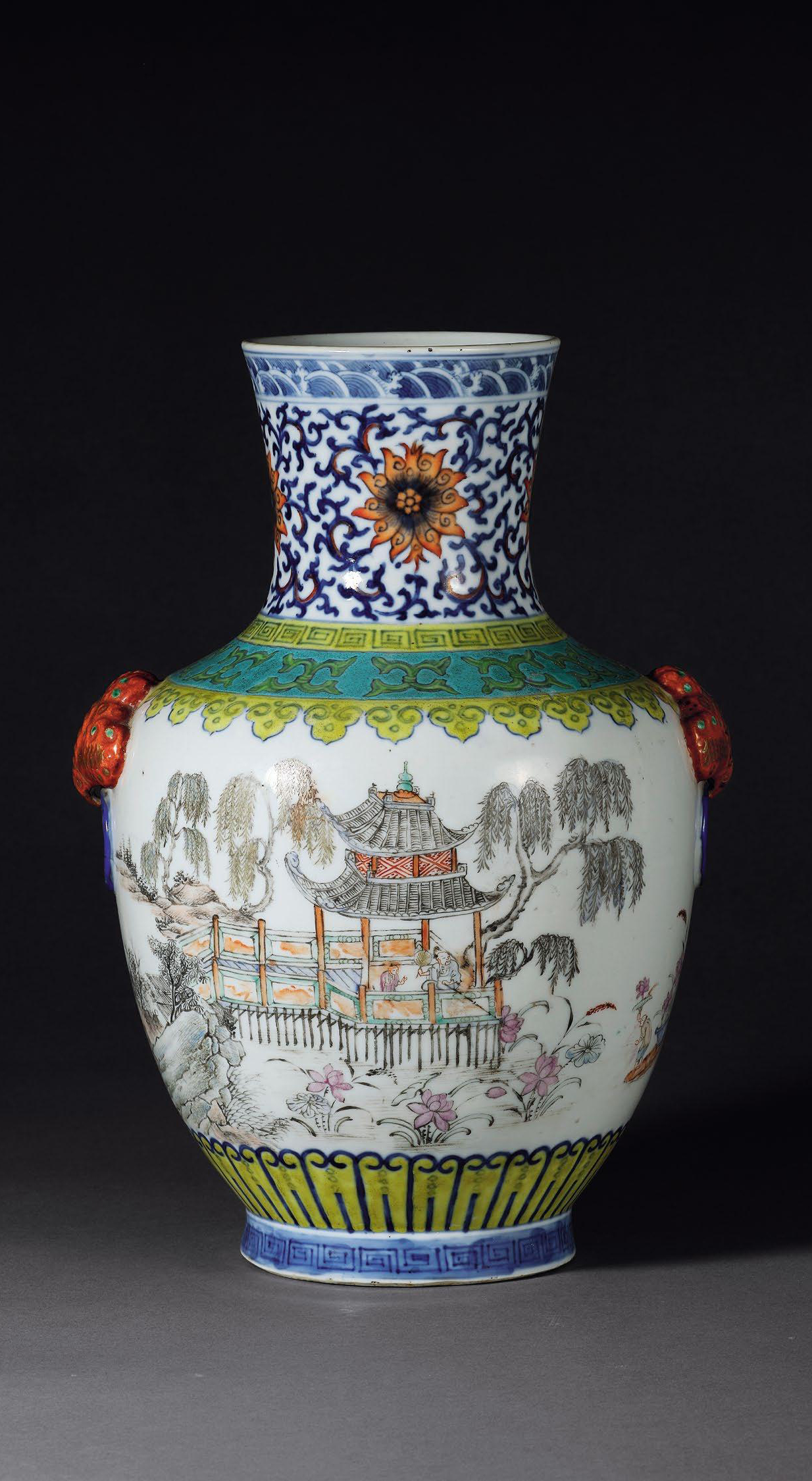 清同治庚午（1870年） 斗彩加粉彩山水人物图铺首耳尊