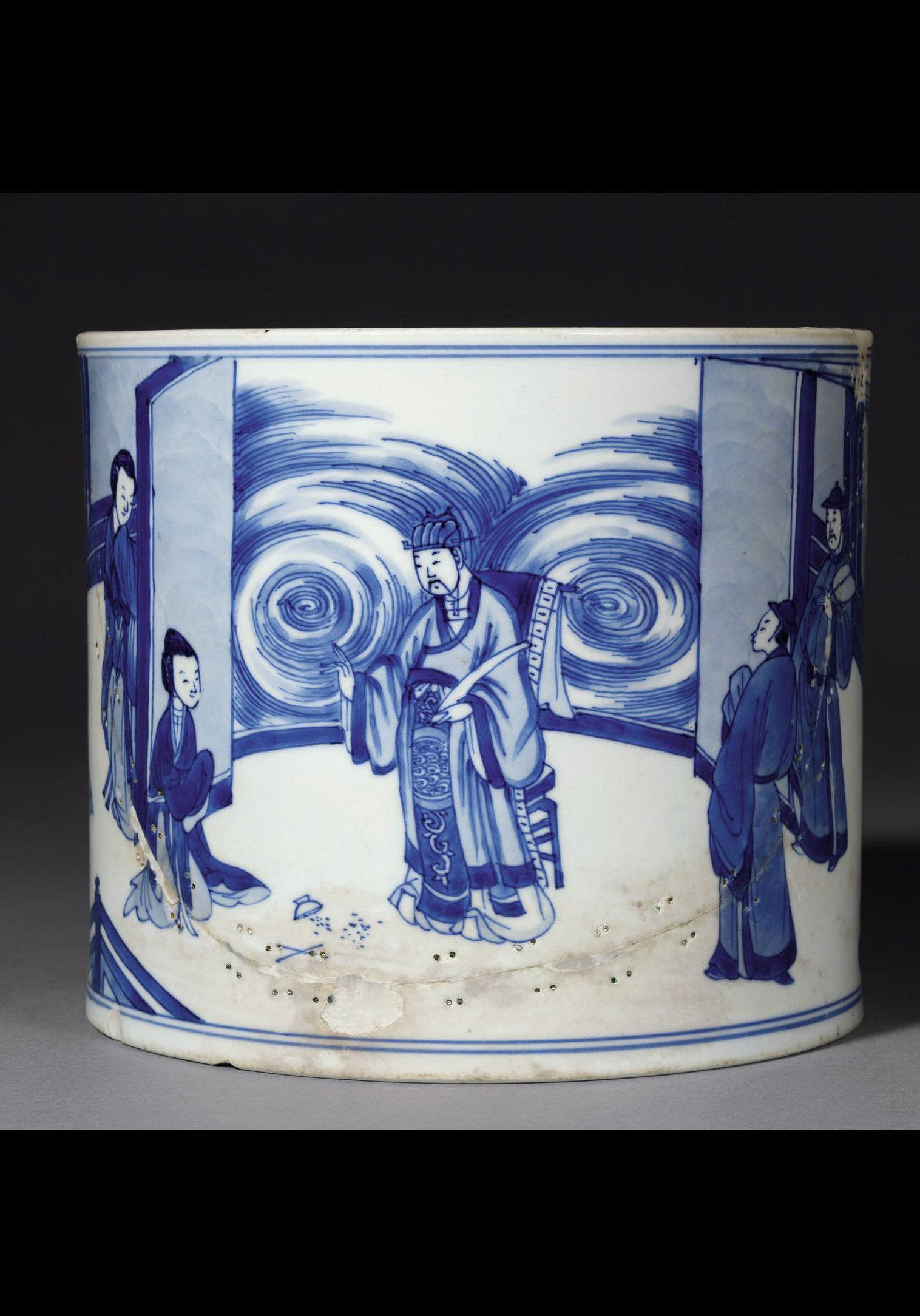 清康熙 青花“翻羹不恚”人物故事图大笔筒