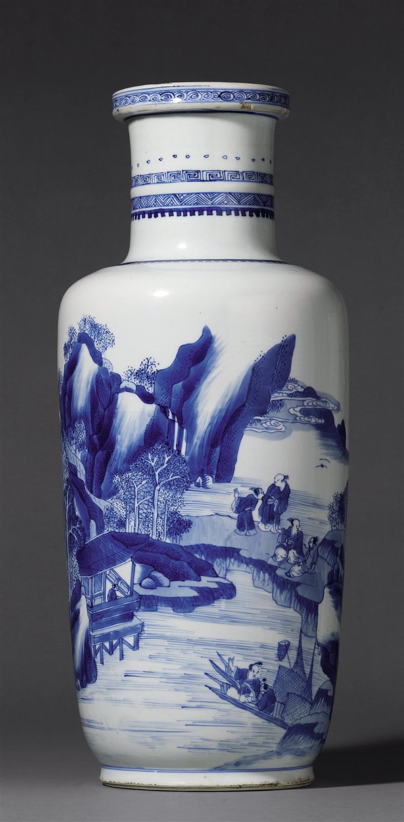 清康熙 青花山水人物棒槌瓶