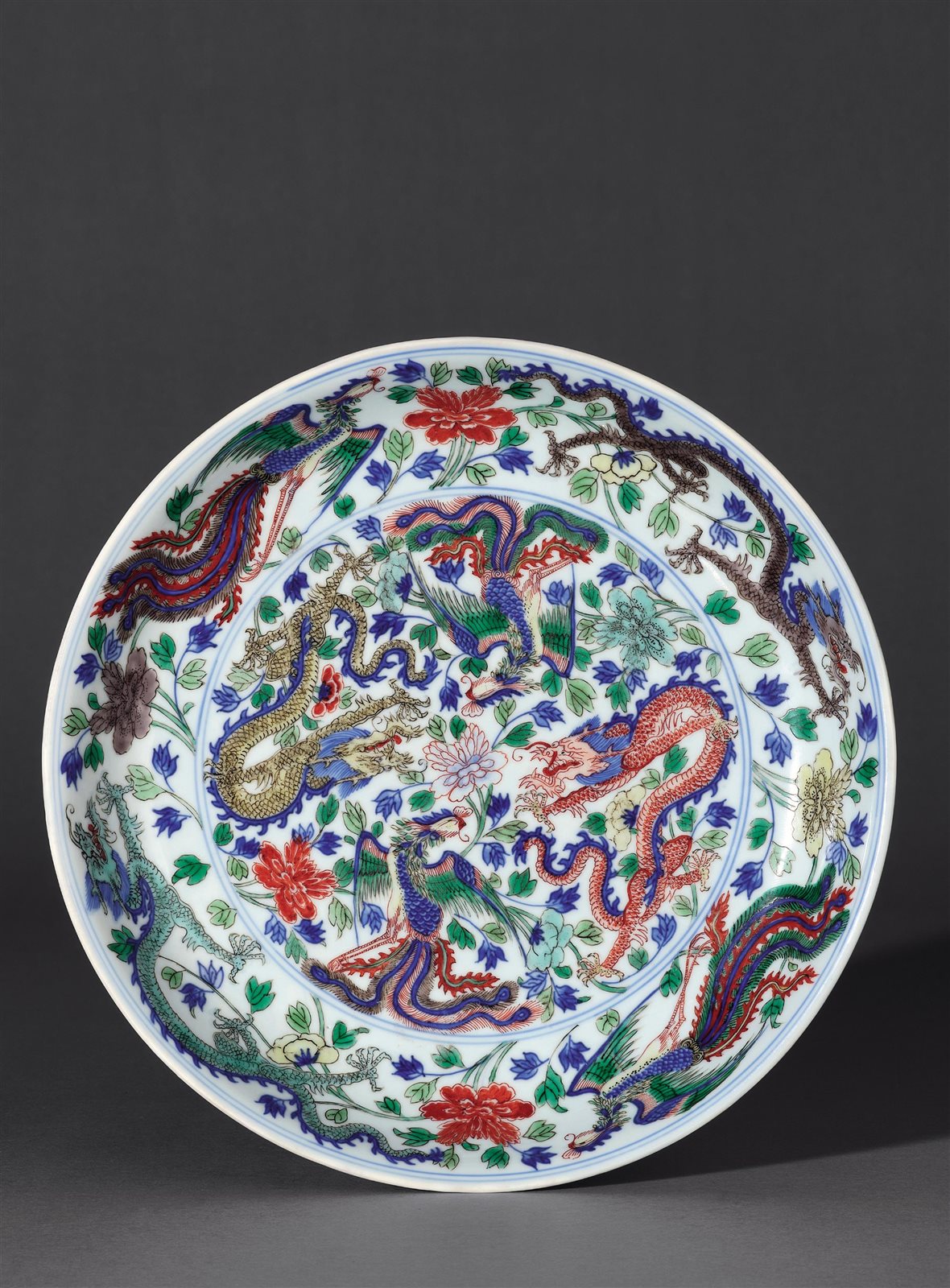 清康熙 青花五彩龙凤纹盘