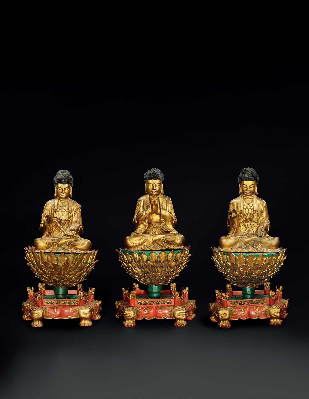 明 木雕华严三圣一组