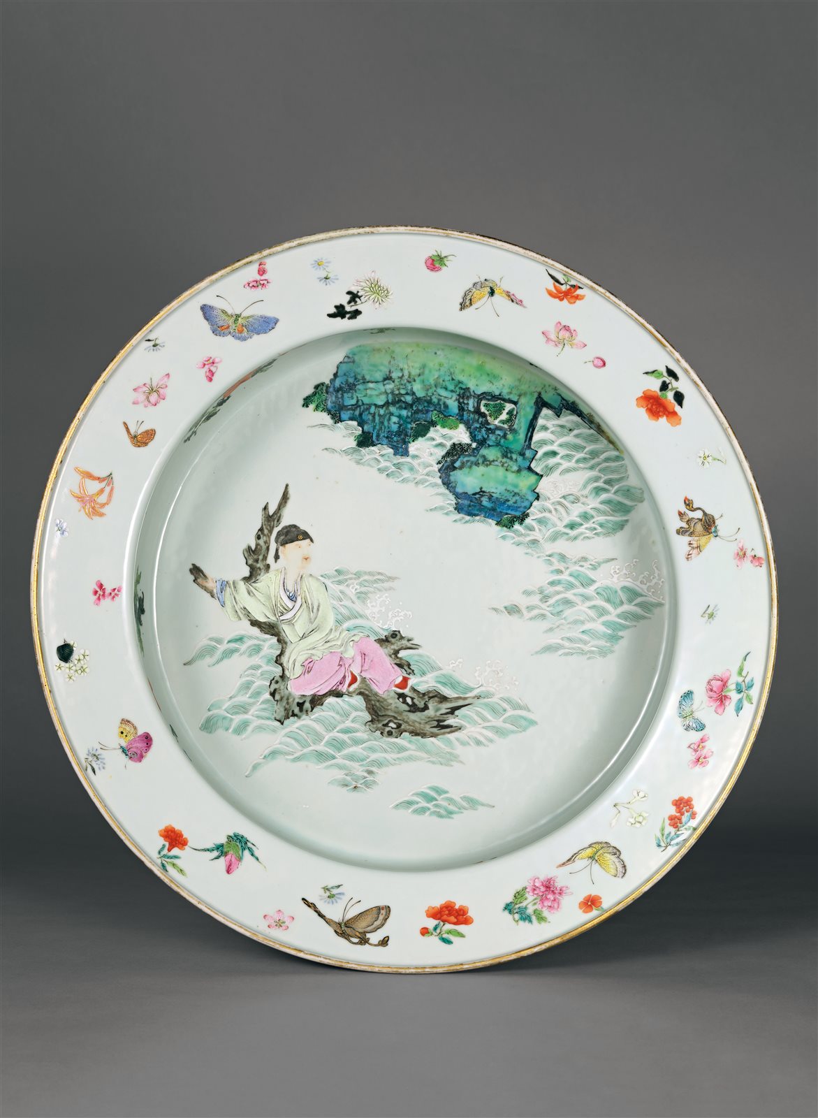 粉彩内仙人乘槎金玉满堂外洪福齐天纹折沿洗