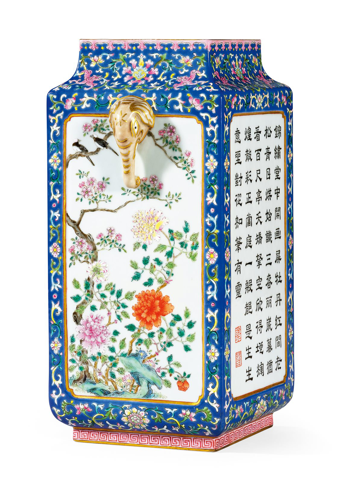 蓝地洋彩洋花开光御制诗花鸟纹描金象耳四方尊