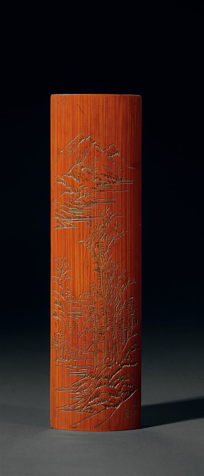 周芷岩刻寒林山水图竹臂搁