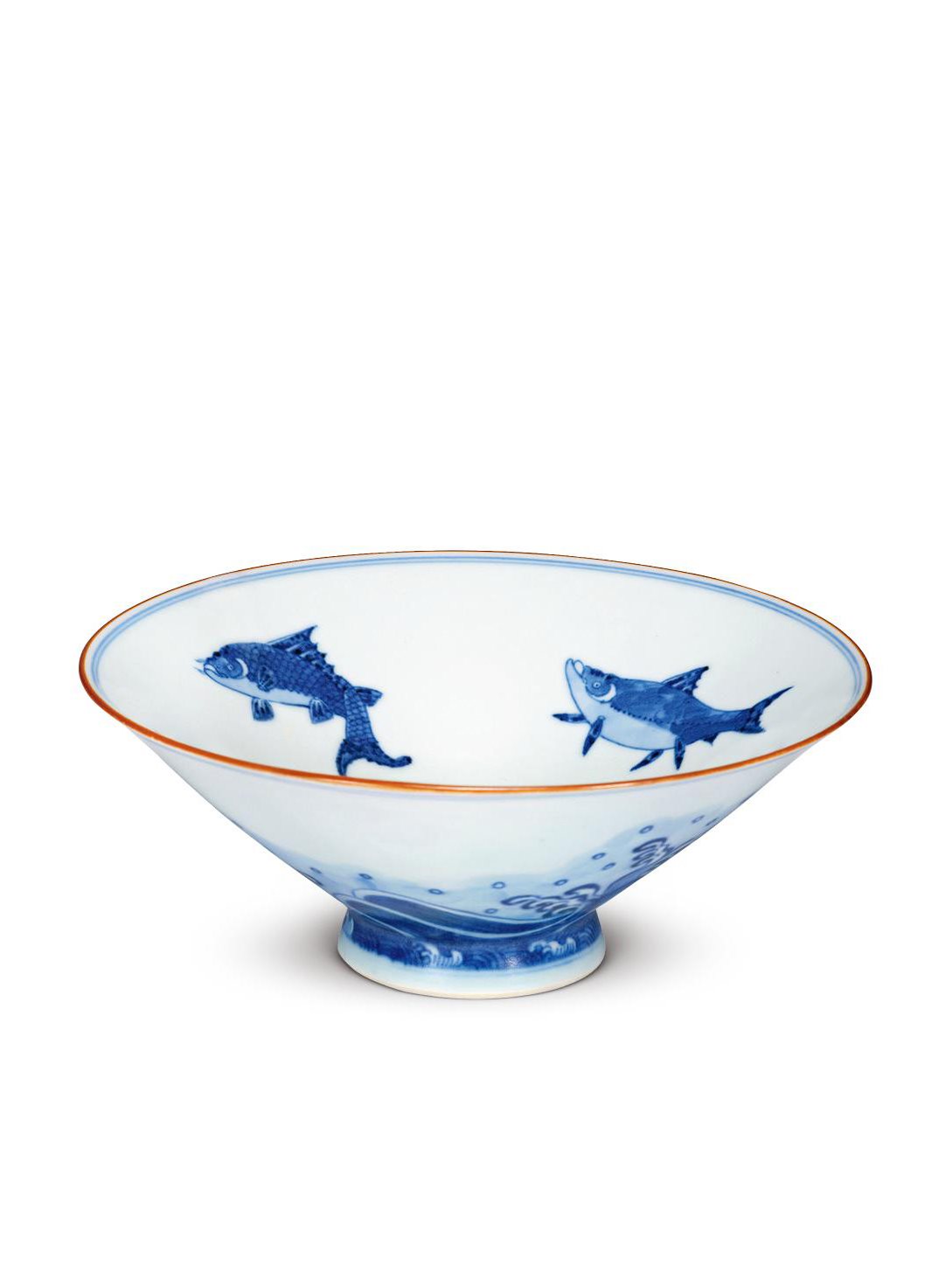 清乾隆 青花鱼藻海浪纹斗笠碗