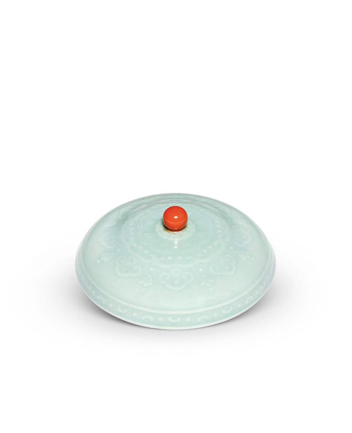 清乾隆 粉青釉模印如意纹宝珠钮器盖