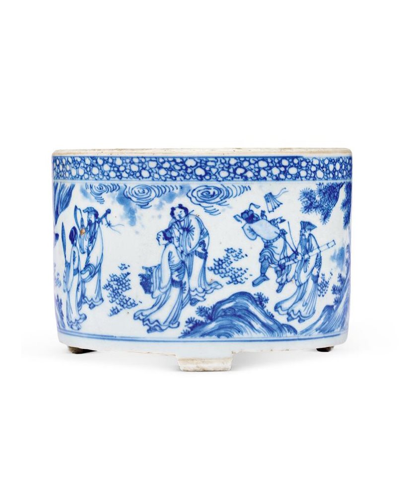 明崇祯 青花八仙祝寿图三足笔筒