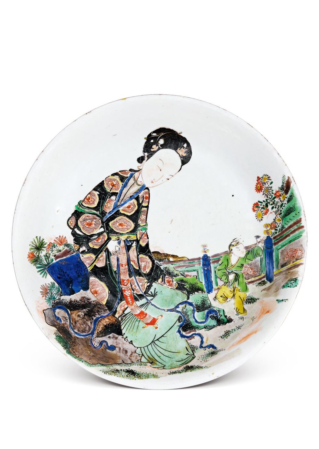 清康熙 五彩仕女婴戏图盘