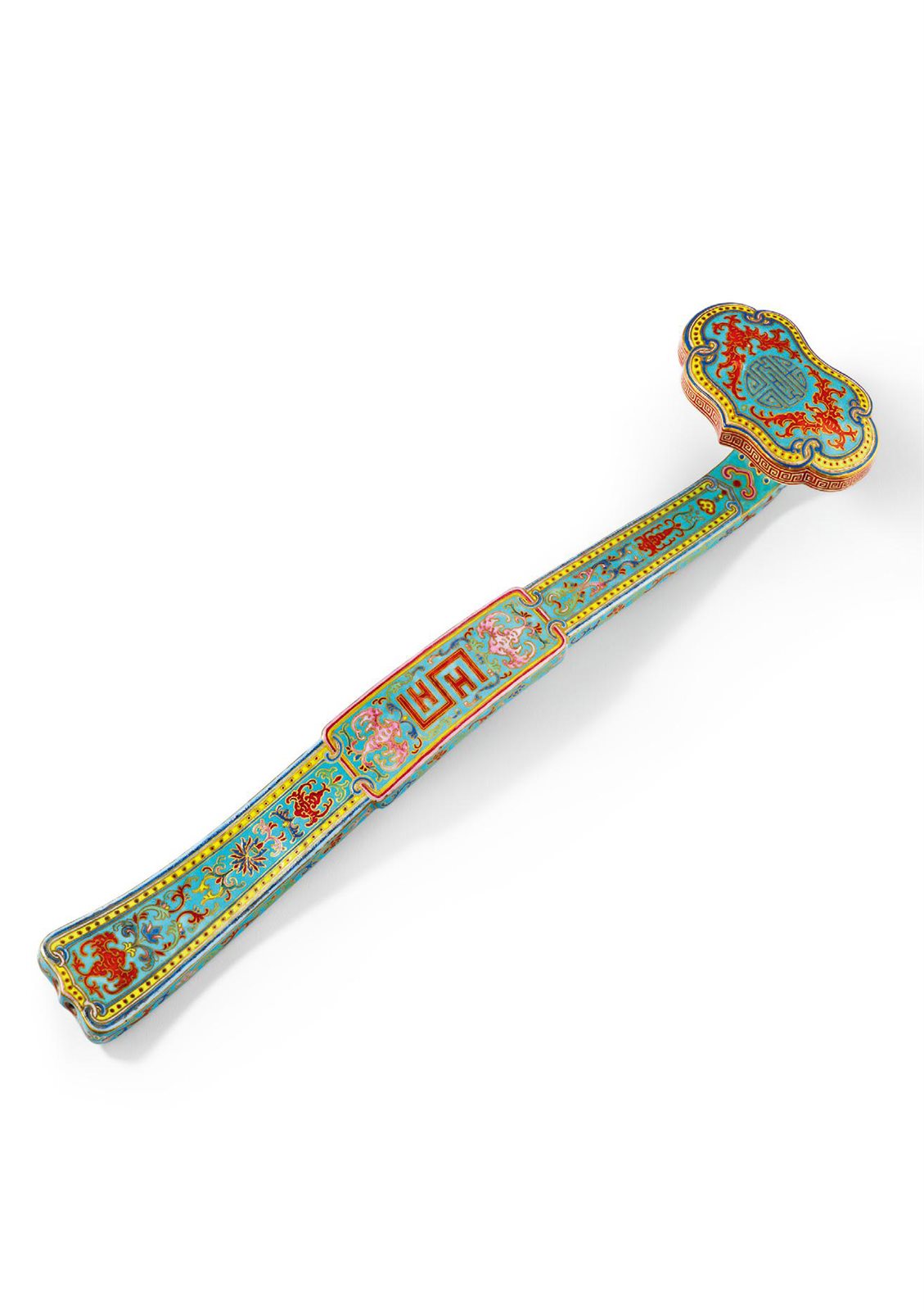 清乾隆 松石绿地洋彩描金万福万寿纹如意