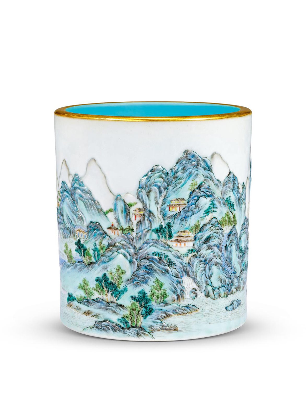 清嘉庆 浮雕洋彩描金庐山图笔筒