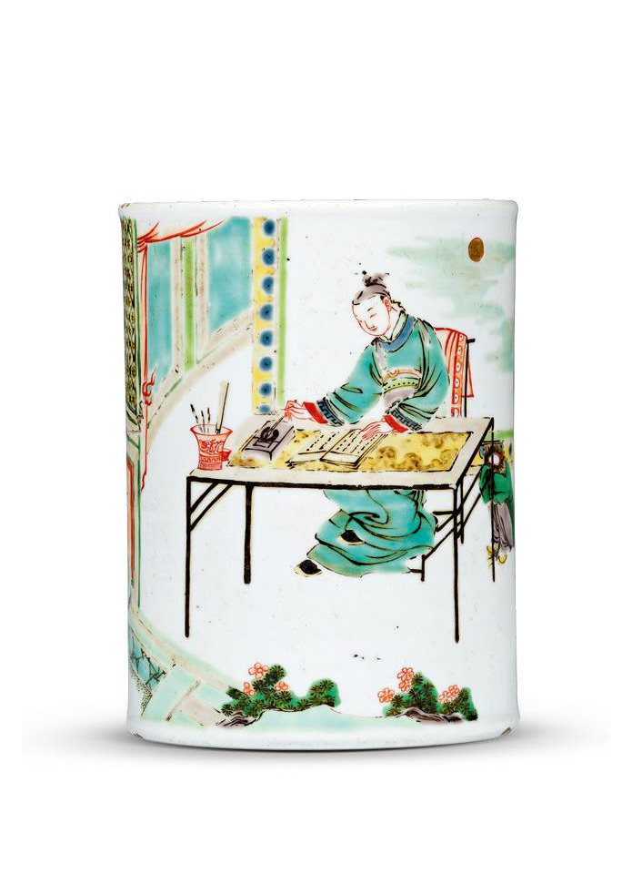 清康熙 五彩燃藜图笔筒