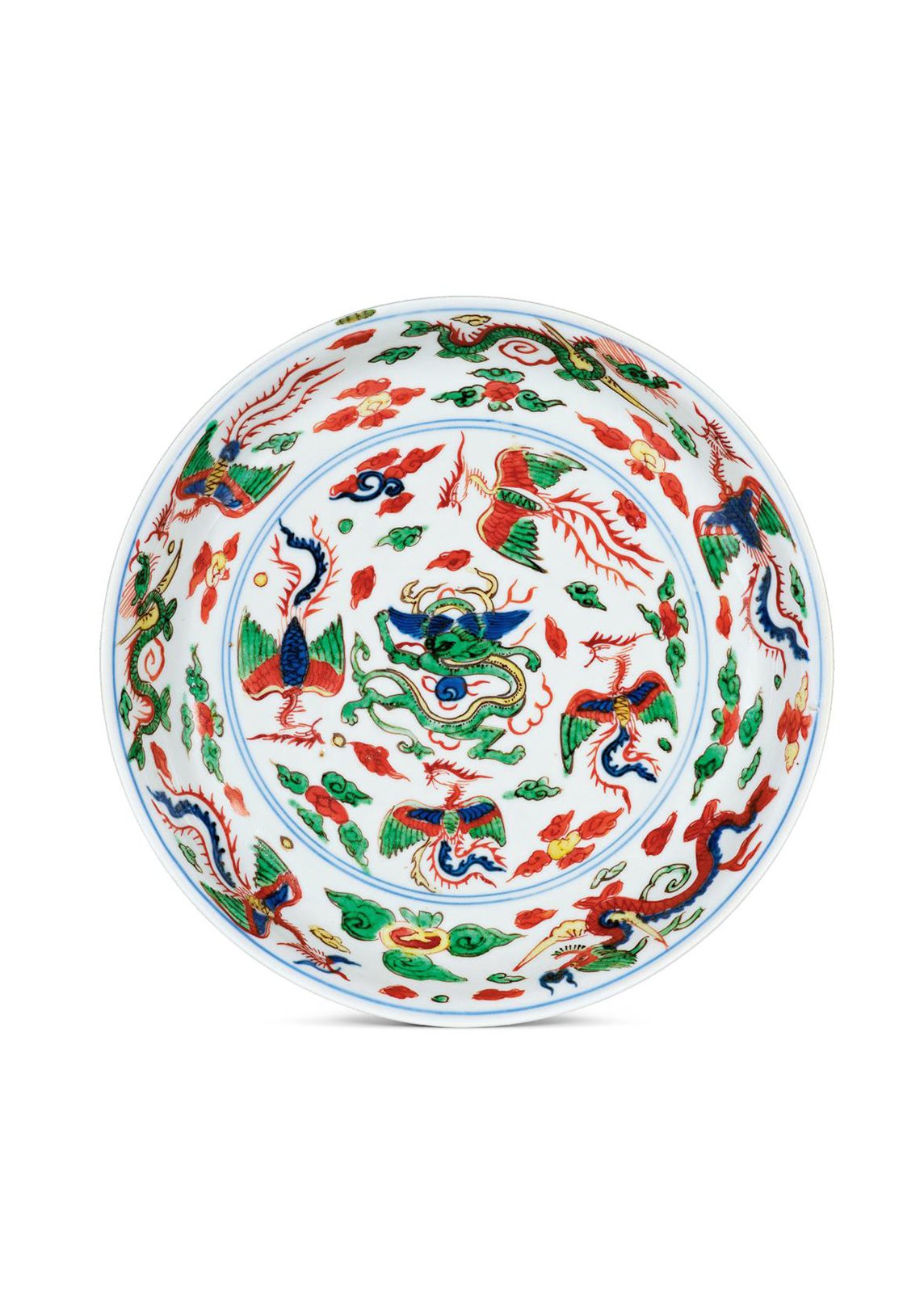 明万历 青花五彩龙凤纹盘