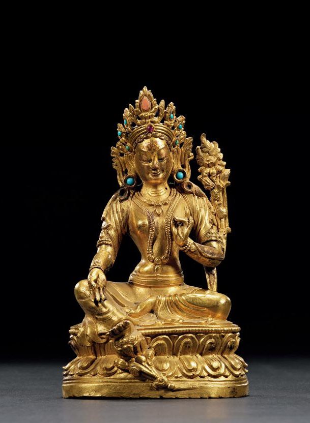 十八至十九世纪 铜鎏金嵌宝石绿度母