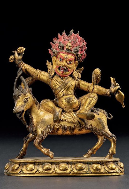 清乾隆 铜鎏金骑羊护法