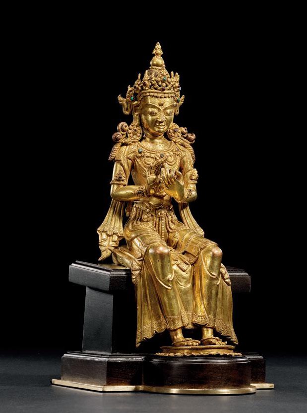 十五世纪 铜鎏金嵌宝石弥勒坐像