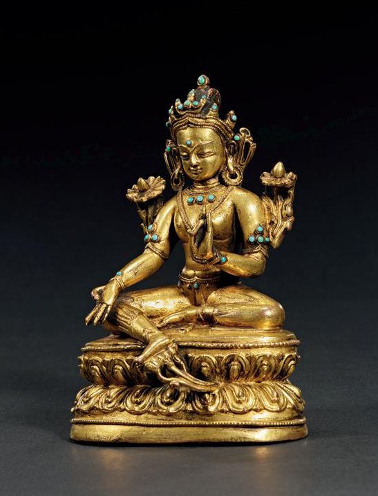 十五世纪 铜鎏金嵌松石绿度母
