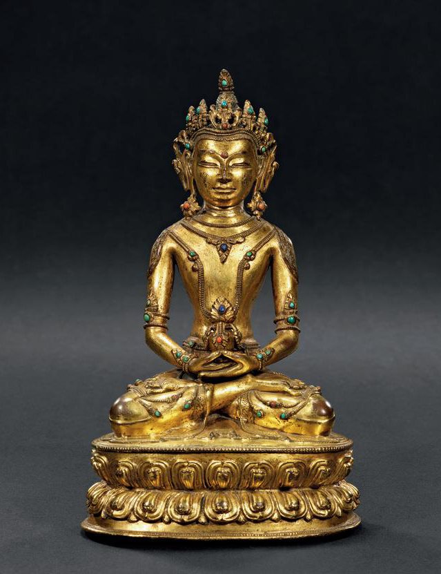 十六世纪 铜鎏金嵌宝石无量寿佛