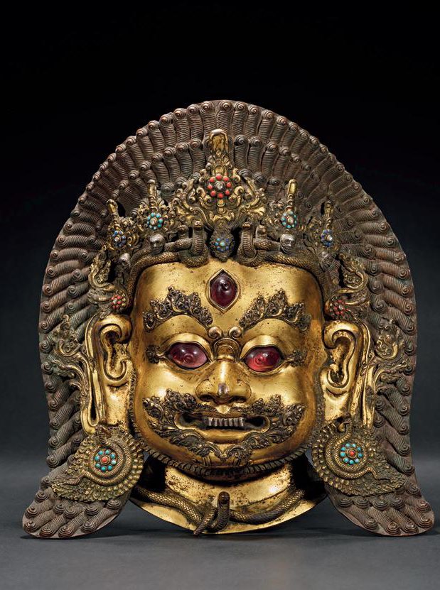 十九至二十世纪 铜鎏金嵌宝石陪胪面具