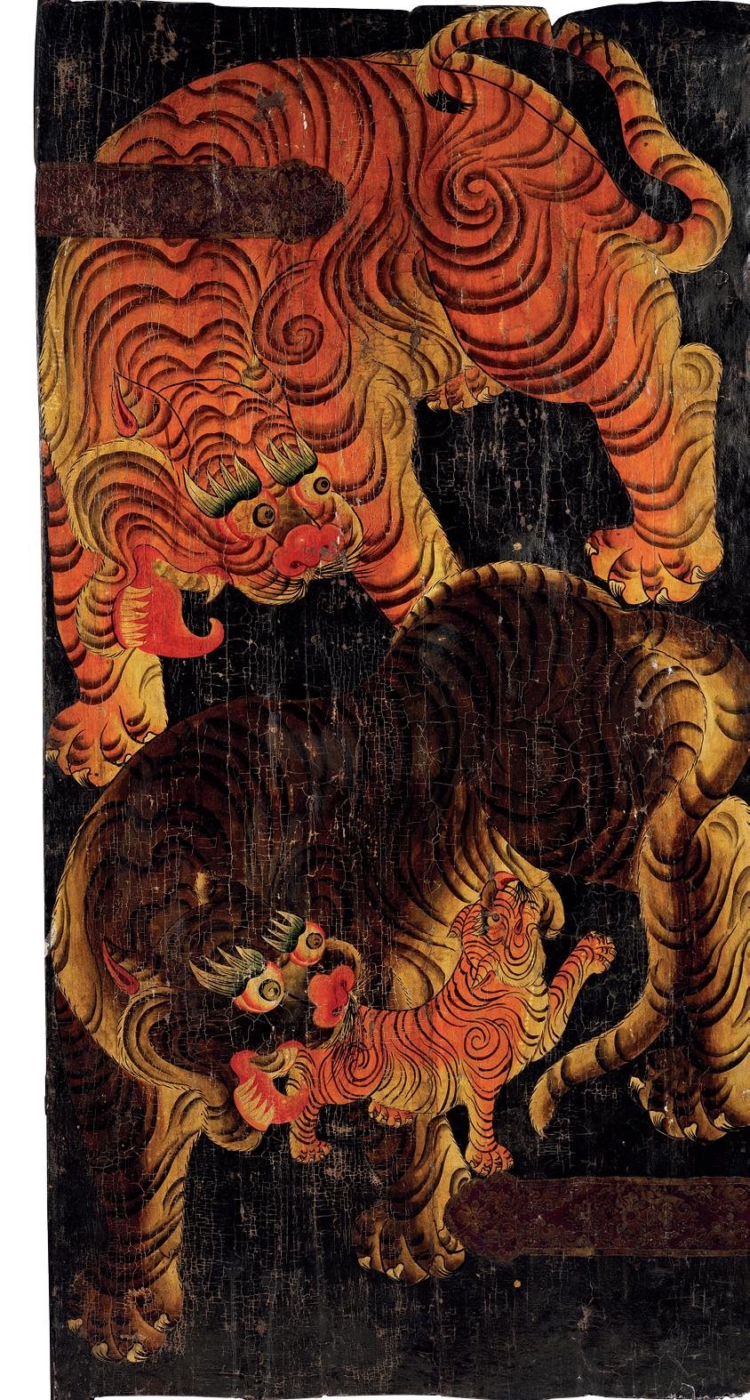 十九世纪 髹漆彩绘三虎图木板