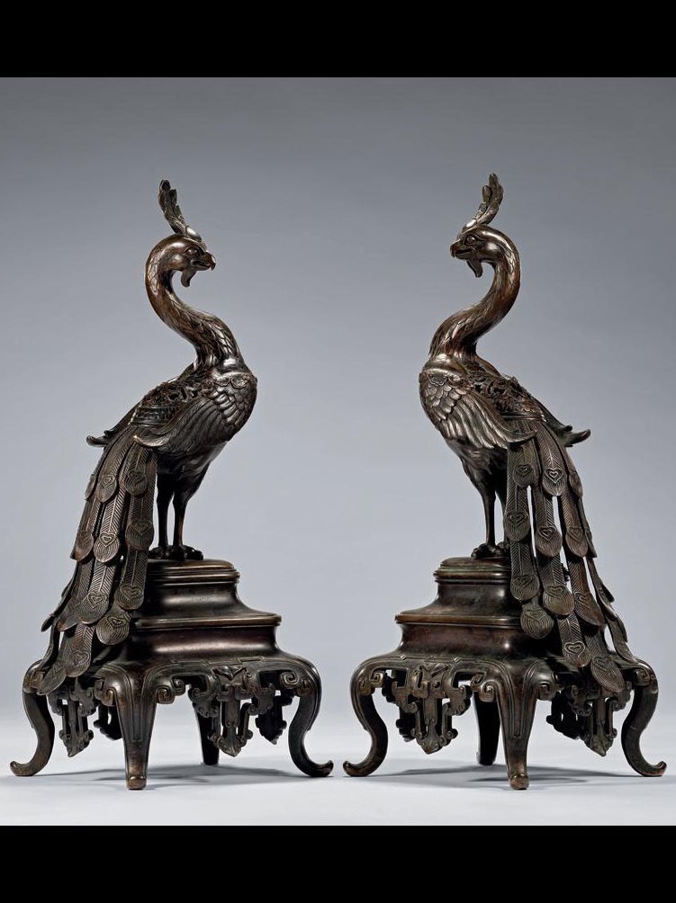 清 铜凤凰一对