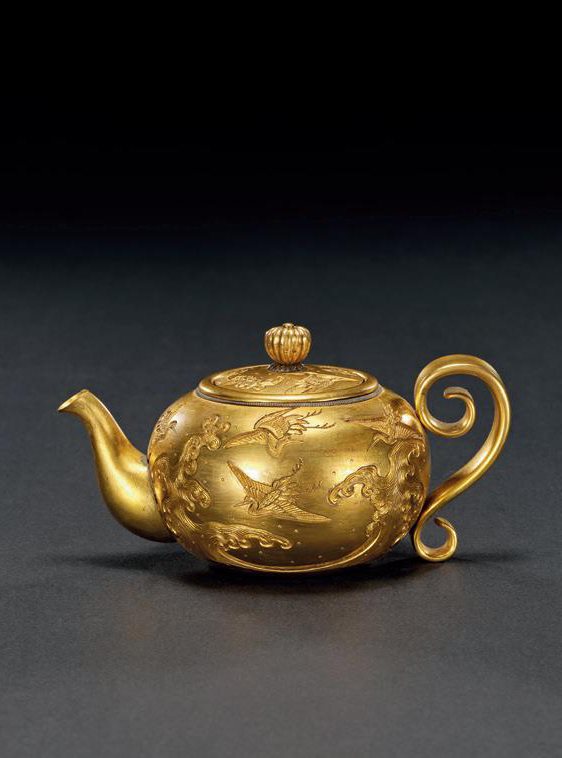 清 铜鎏金仙鹤茶壶