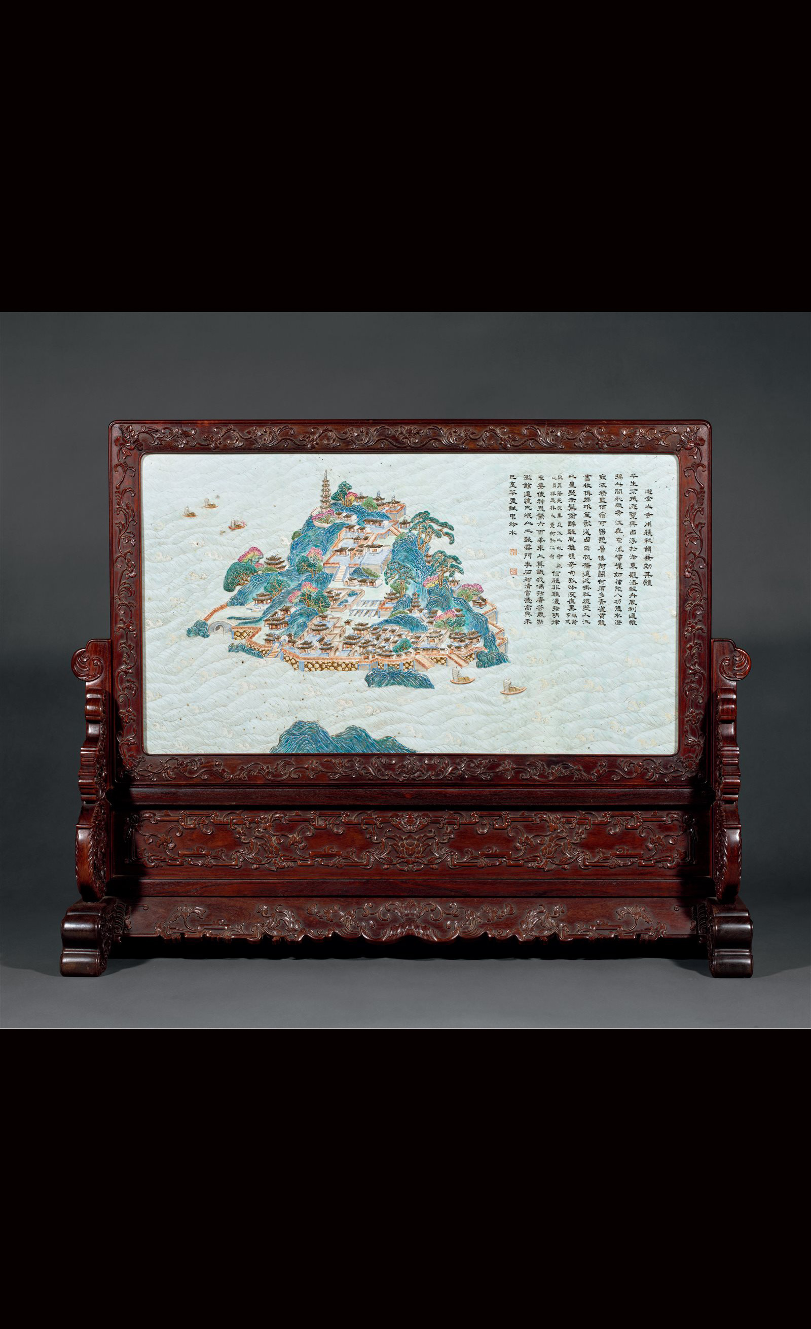 清乾隆 雕瓷洋彩“金山寺”图墨彩御制诗文插屏