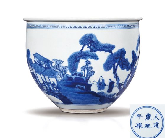 青花山水人物纹小缸