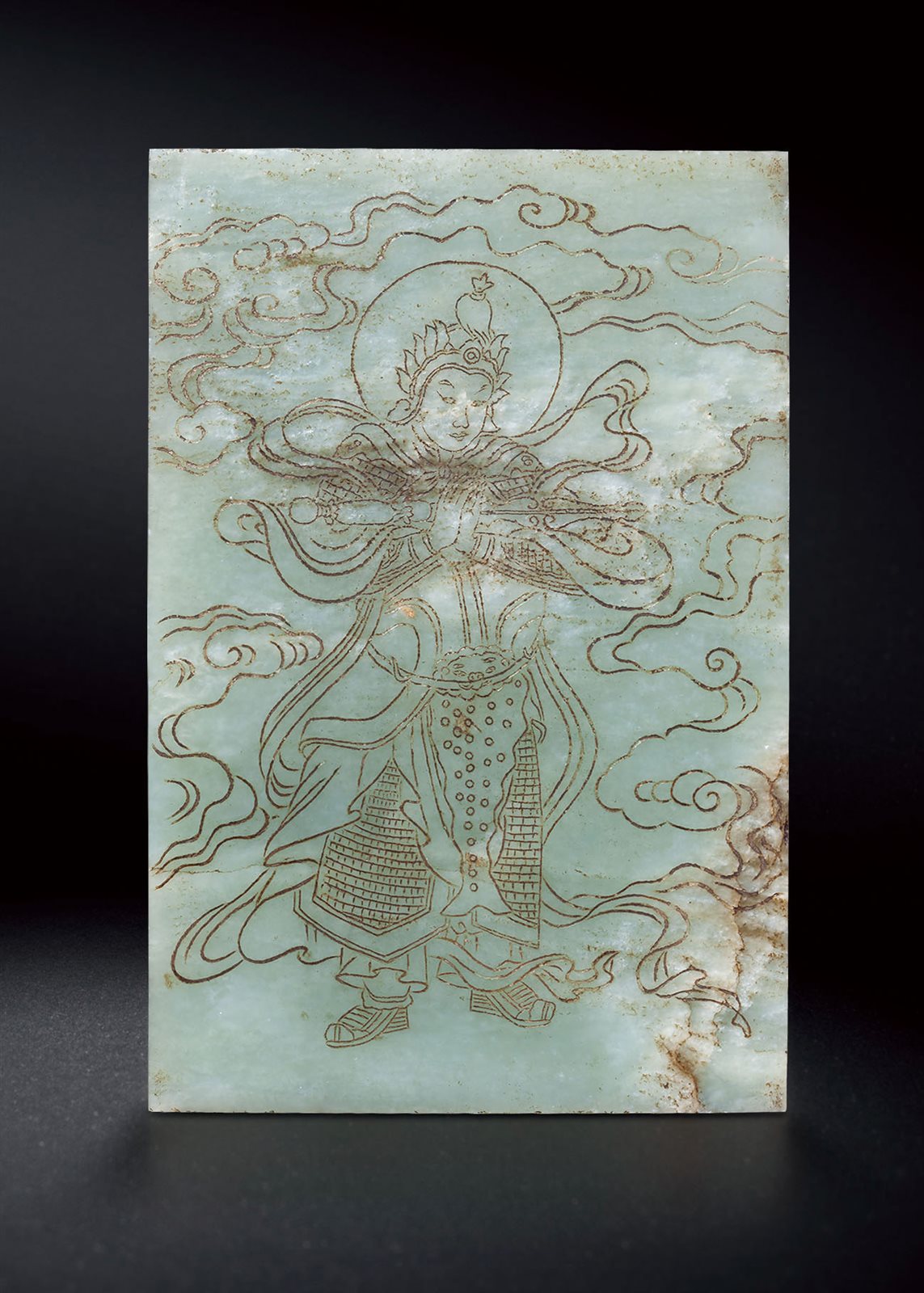 青白玉填金阴刻韦陀、佛说十吉祥经文插牌