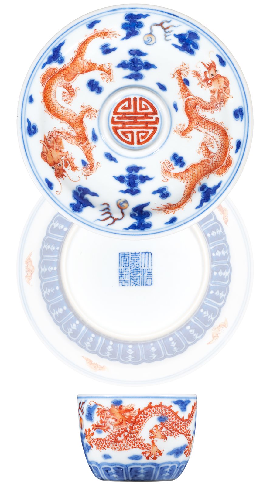 青花矾红云龙纹盏杯(一套)